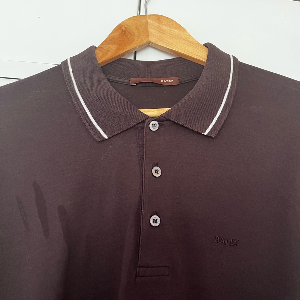 Bally Men's Dark Brown Polo with White Stripe Collar
